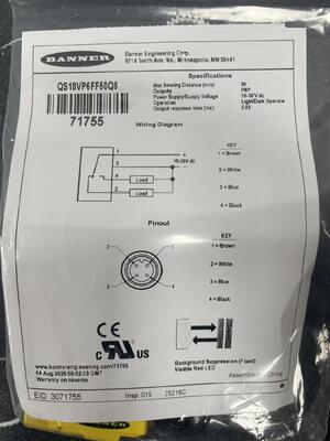 Sensor fotoelétrico de campo fixo de alta confiabilidade BANNER QS18VP6FF50Q8